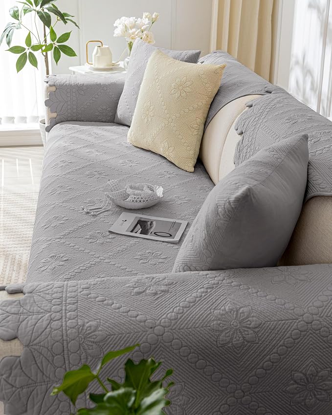Cotton Quilted Dog Couch Cover for Sofa Farmhouse Rustic Embroidery Sectional Couch Cover Soft Anti-Slip Sofa Slipcover Furniture Protector for Kids, Pets (Grey,43"x43") - Image 6