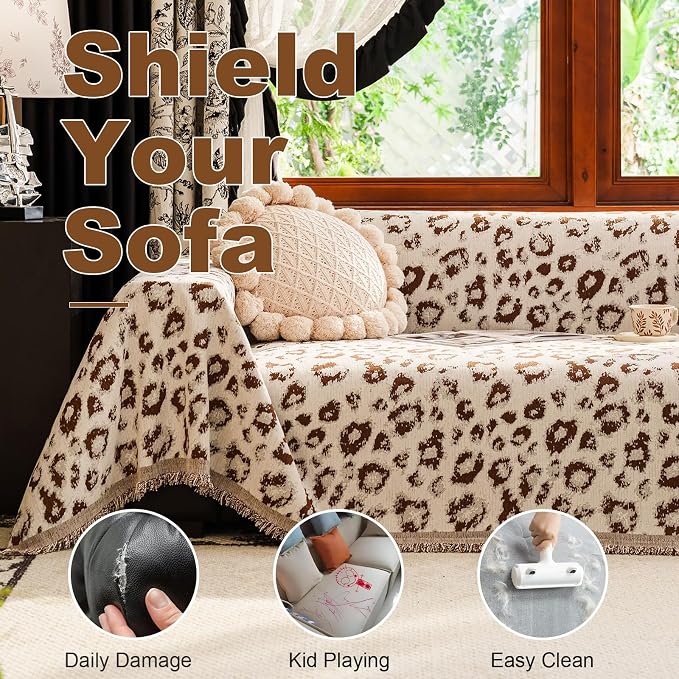 VClife Bohemian Leopard Couch Cover Furniture Protector, Washable Non Slip Sofa Cover for L Shape, Anti-Pilling Couch Covers for 3-4 Cushion Couch Sofa Dog Cat Sofa Throw Cover, Khaki, 71''x150'' - Image 5