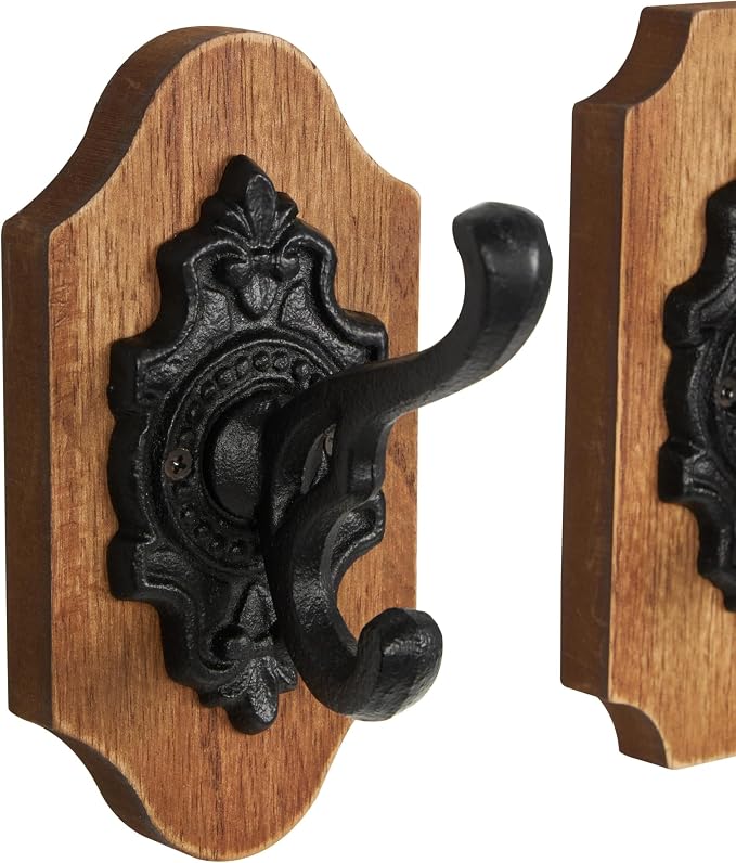Deco 79 Wooden Fleur De Lis Vintage Inspired Wall Hook with Black Metal Hooks and Curved Edges, Set of 3 4" W, 6" H, Brown - Image 5