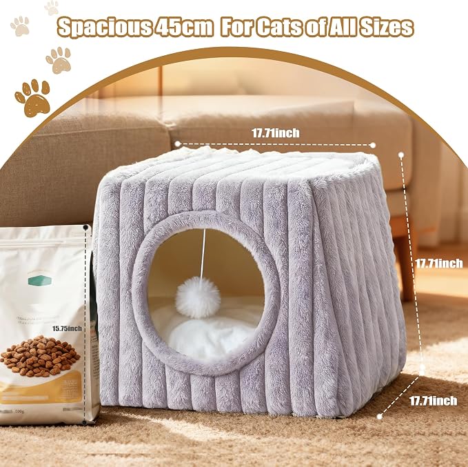 Indoor Cat House - Large Cat Cave Bed with Fluffy Balls, Foldable Cat Bed Cave and Apartment with Pads, Suitable for Multiple Small and Large Cats, 15.74x15.74x13.38 inches(Grey, Large) - Image 4