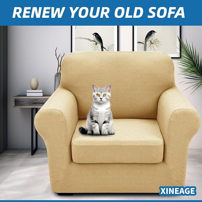 XINEAGE 2026 New 2 Pieces Chair Covers with Arms Super Stretch Chair Slipcover for Living Room Pet Dog Universal Slip Cover Anti Slip Armchair Furniture Protector (Beige), 31"-46"(1 Cushion) - Image 4
