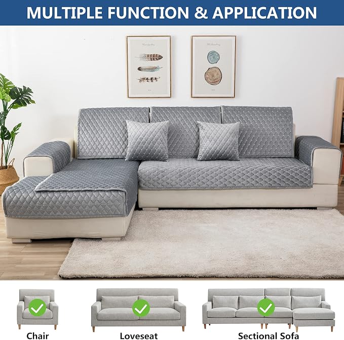 Eismodra Couch Cover,Sectional Couch Covers,Sofa Covers for 3 Cushion Couch,Anti-Slip Sofa Slipcovers for Dogs Cats Kids Loveseat Recliner L Shaped Armrest Backrest,Light Gray 36''x47''(Only 1 Piece) - Image 2