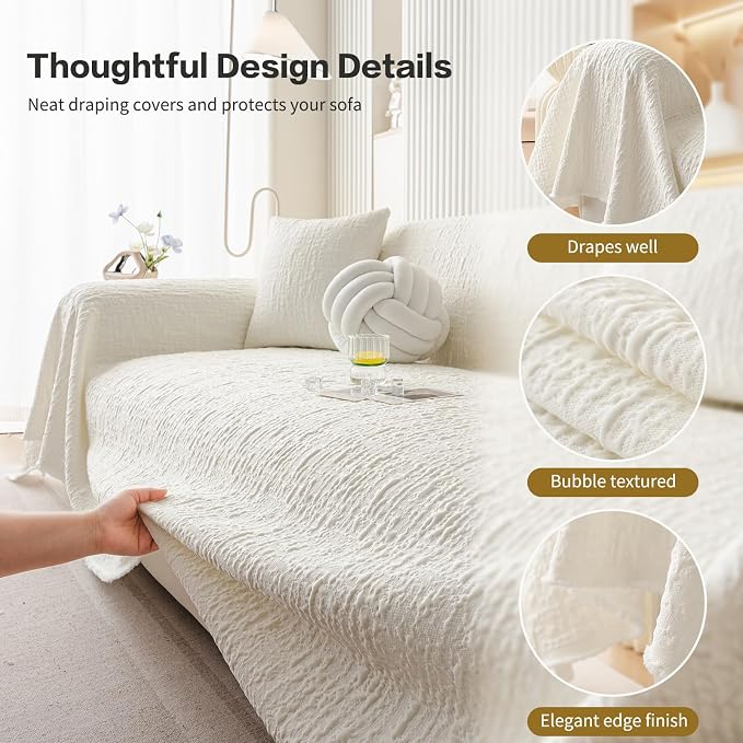 DREAMINGO Bubble Textured Cooling Sofa Cover, Ice Silk Breathable Couch Cover Blanket for Pet & Hot Sleepers, Washable Furniture Protector for 3 Cushion Couch, Cream White, X-Large 71"x134" - Image 4