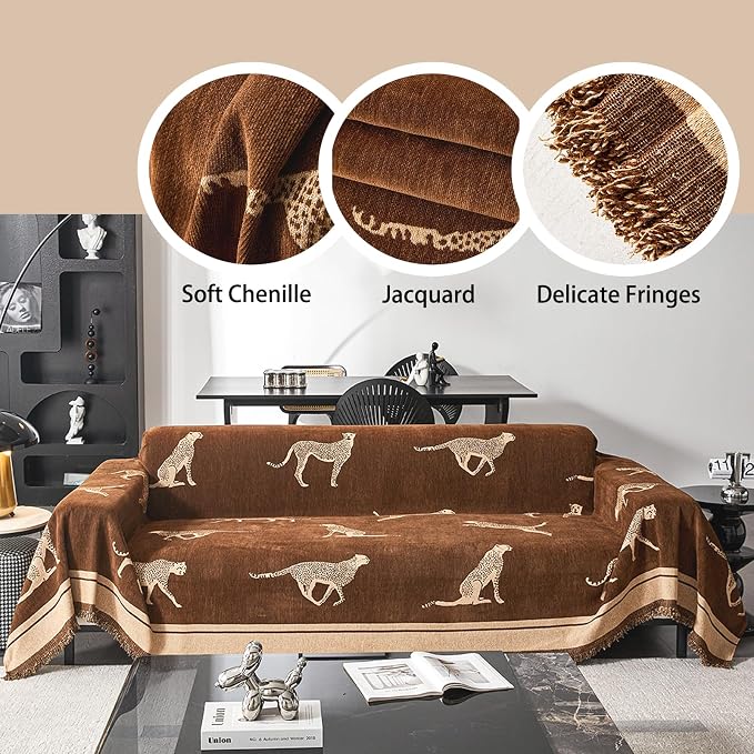 Leopard Print Chenille Sofa Cover Throw Blanket, Non-Slip Furniture Protector with Tassel Edges, Machine Washable, Pet & Kid Friendly for Living Room (Brown) (71"x90") - Image 6