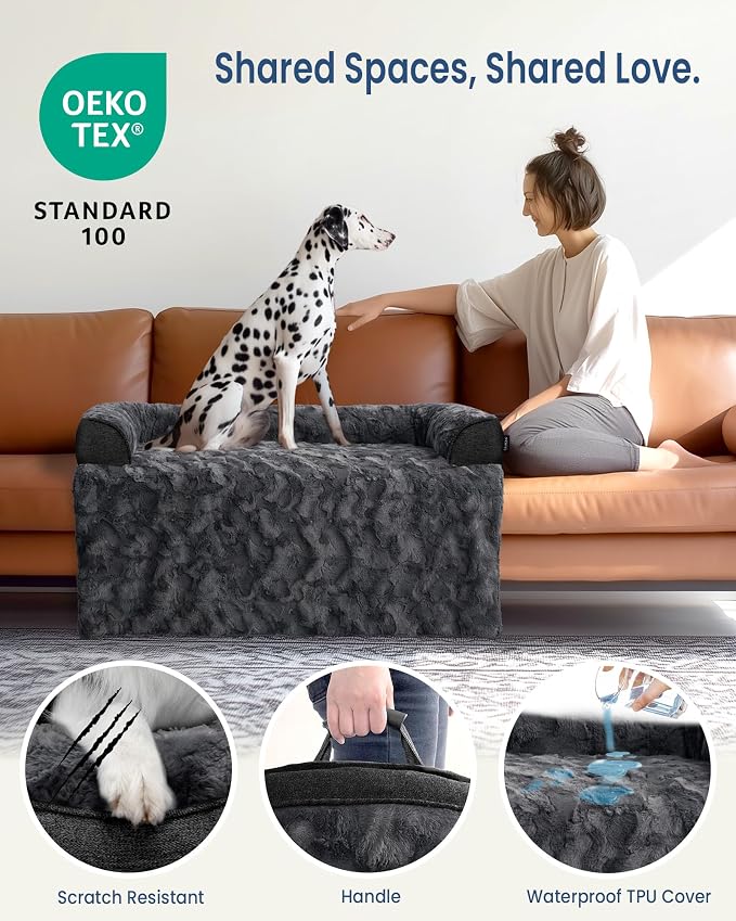 Calming Extra Large Dog Bed for Couch, 45 x 37 inch Removable Couch Cover for Dogs Washable, Non-Slip Fluffy Plush Dog Sofa Mat for Furniture Protector - Dark Grey - Image 2
