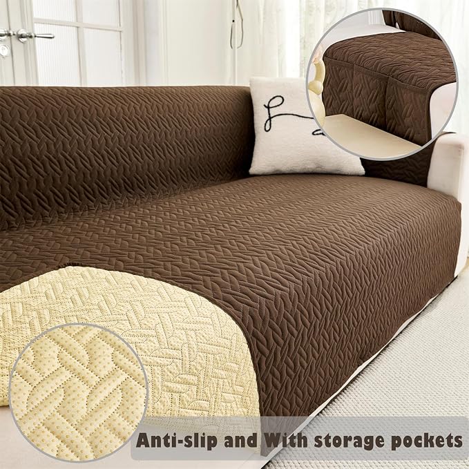 Cmfshape Skidproof Sofa Cover-Geometrical Couch Slipcover with Elastic Straps-Easy Fit Slip Cover-Washable Furniture Protector for Pets and Kids(Sofa66,Coffee) - Image 3