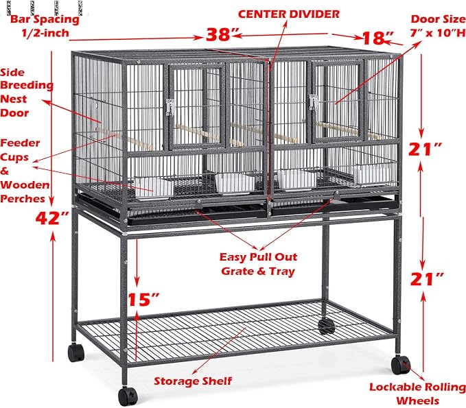 Single Stack Sturdy Wrought Iron Combo Breeding Stacker Center Divided Breeder Bird Flight Double Rolling Cage with Side Breeding Nest Door - Image 2