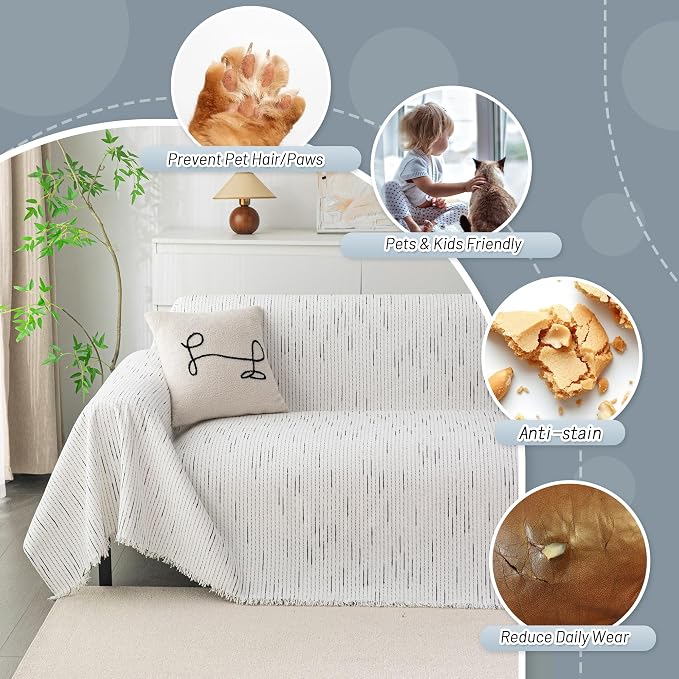 MYSKY HOME Boho Couch Cover White Sofa Covers with Tassel Farmhouse Sofa Slipcover Simple Couch Protector for Dogs Chenille Sectional Couch Covers L Shaped Couch Cushion Covers, 71"x 134" - Image 3