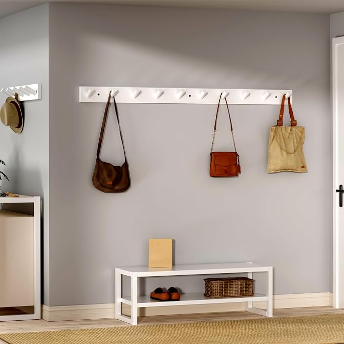 SKOLOO Wood Coat Rack Wall Mounted,10 Peg Long Bamboo Hook for Hanging Backpack Coat Towel Hat,16'' Hole to Hole,White - Image 3