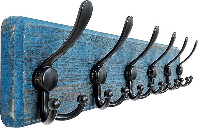 Dseap Coat Rack Wall Mounted - 24" Long 6 Tri Hooks, Heavy Duty Wooden Wall Coat Hanger Coat Hook for Clothes Hat Jacket Clothing, Weathered Blue and Black by Dseap