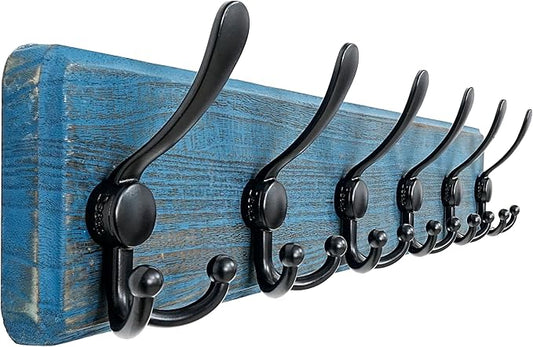 Dseap Coat Rack Wall Mounted - 24" Long 6 Tri Hooks, Heavy Duty Wooden Wall Coat Hanger Coat Hook for Clothes Hat Jacket Clothing, Weathered Blue and Black by Dseap