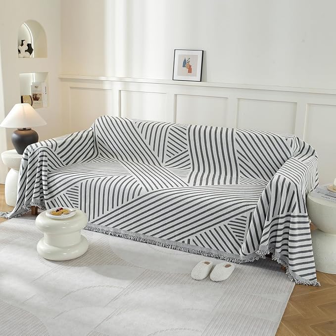 Couch Cover for Sofa, Boho Sofa Cover Washable Couch Cover for Dogs, Pet Sofa Cover for 2-Cushion Couches with Tassel Furniture Protector Cover,71" x 118",Dark Gray-Line - Image 2