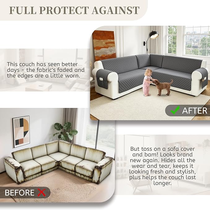 Sectional Couch Covers for Dogs 100% Waterproof Corner L Shaped Sofa Cover Pet Friendly Velvet Washable Anti Slip L Shape Modular Sofa Slipcover Protector with Pockets (Gray, Small) - Image 7