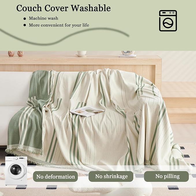 DREAMINGO Couch Cover Reversible Chenille 3 Seat Sofa Covers for Dogs Pets Beige Green Couch Protector for 3 Cushion Couch Sofa Vertical Stripe Jacquard Sofa Slipcover Sectional, 71"x134" - Image 7