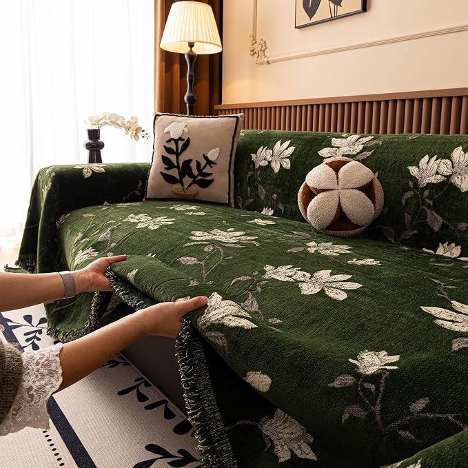 STACYPIK Vintage Garden Floral Couch Cover Chenille Jacquard Green Sofa Cover Textured Botanical Couch Cover for 3 Cushion Couch Dog Non-slip Loveseat Futon Sofa Cover Versatile Throw Blanket-71X150IN - Image 6