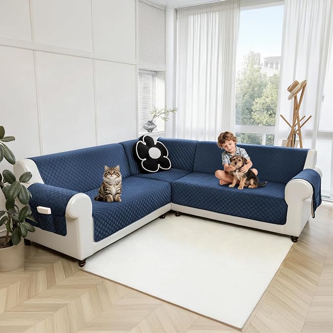 Sectional Couch Covers for Dogs 100% Waterproof Corner L Shaped Sofa Cover Pet Friendly Velvet Washable Anti Slip L Shape Modular Sofa Slipcover Protector with Pockets (Navy Blue, Large) - Image 9