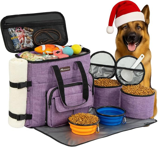 Modoker Dog Travel Organizer Carriers for Supplies & Accessories, Airline Approved Cat Pet Travel Bag, 2 Collapsible Bowls, 2 Travel Dog Food Container, Purple | Dog travel accessories set with feeding supplies, bowls, mat, and strap. Ideal for weekend... by Modoker