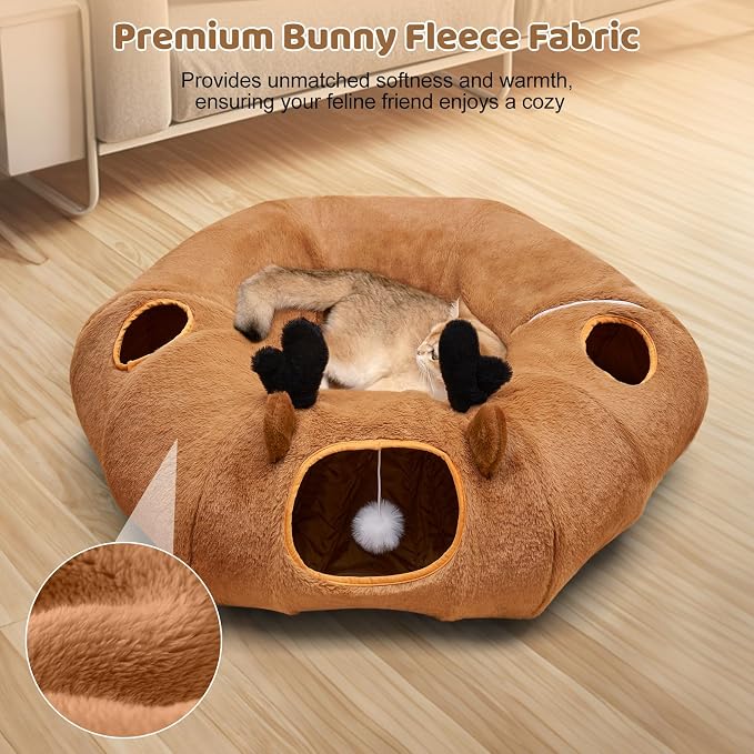 Cat Tunnel Bed with 20 Pcs Interactive Toys, 3-in-1 DIY Collapsible Plush Cat Tube with Washable Mat, Large Indoor Play Tunnel Cave for Kittens and Small Animals - Image 4