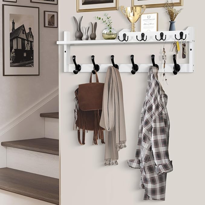Coat Rack Wall Mount with Shelf, 27.5" Entryway Wall Hanging Shelf, Coat and Key Hanger with 10 Dual Hooks, Mail Organizer and Key Holder Hat Rack for Wall, Wood Coat Hooks with Storage - Image 7