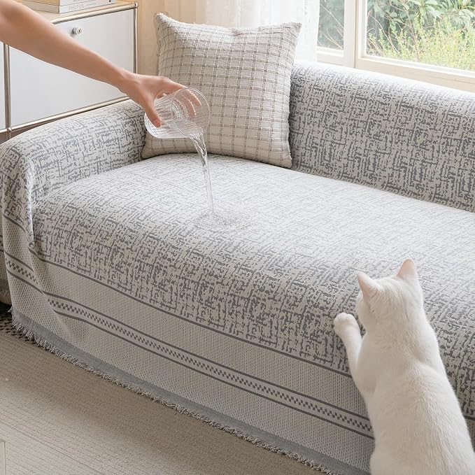 Waterproof Sofa Cover for Sectional Sofa, Boho Washable Couch Cover for Dogs, Loveseat, L-Shape Thick Chenille Pet Friendly Multi-Functional Furniture Protector with Tassels, 71"X102", Grey by Nestiva