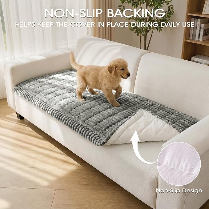 Non-Slip Washable Couch Cover for Dogs, Soft Thick Ribbed Flannel | 27.6"x70.9", Light Gray, 0.8" Thick, Rubber Dot Backing, Pet-Friendly Protector for Sofa, Floor, Window Seat, Car or Camping - Image 3