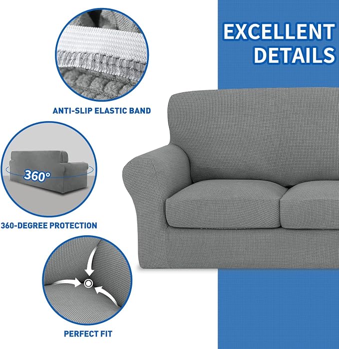 MAXIJIN 4 Piece Couch Covers for 3 Cushion Couch Super Stretch Sofa Cover for Dogs Pet Proof Fitted Furniture Protector Spandex Jacquard Non Slip Magic Couch Slipcover Washable (Large, Light Gray) - Image 5
