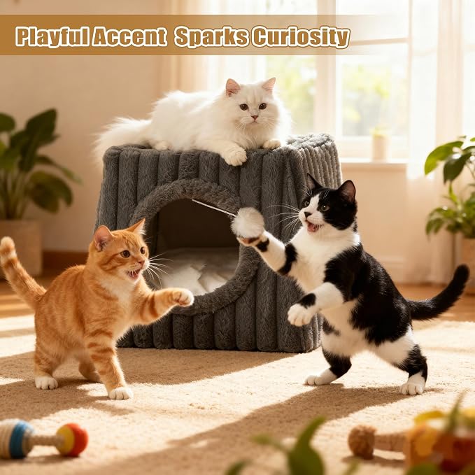 Dogpals Indoor Cat House - Large Cat Cave Bed with Fluffy Balls, Foldable Cat Bed Cave and Apartment with Pads, Suitable for Multiple Small and Large Cats, 18.5x15.4x15.4inches (Deep Grey, XL) - Image 9
