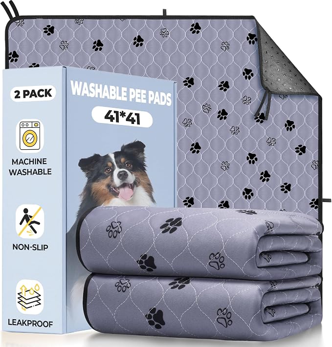 Fostanfly Washable Dog Pee Pads, Leak-Proof Absorbent, 41"x41"-2 Pack, Gray | Reusable Potty Training Pads for Dogs, Waterproof, Non-Slip, for Playpen, Crates & Furniture with 8 Tie Straps by HOME