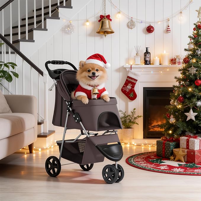 MoNiBloom Foldable Dog Strollers for Small Dogs with Weather Cover, 3 Wheels Pet Strolling Cart for Dogs and Cats with Storage Basket and Cup Holder, Breathable and Visible Mesh for All-Season, Coffee