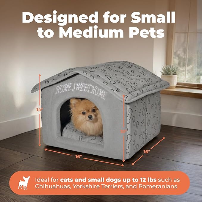 Best Pet Supplies Cat Bed for Indoor Cat, Domed Tent House with Removable Pillow, Covered Cat Cave for Small Dog, Puppies and All Breeds of Cats - Silver w/ Bones, 16 x 16 x H:14" - Image 4