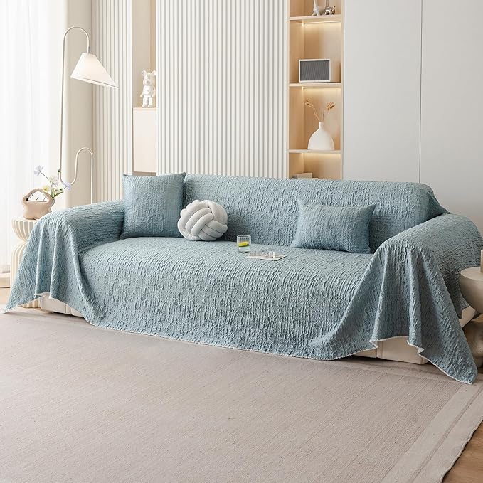 DREAMINGO Bubble Textured Cooling Sofa Cover, Ice Silk Breathable Couch Cover Blanket for Pet & Hot Sleepers, Washable Furniture Protector for 3 Cushion Couch, Sky Blue, XX-Large 71"x150" by DREAMINGO