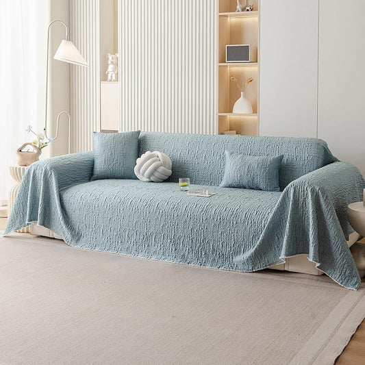 DREAMINGO Bubble Textured Cooling Sofa Cover, Ice Silk Breathable Couch Cover Blanket for Pet & Hot Sleepers, Washable Furniture Protector for 2 Cushion Couch, Sky Blue, Large 71"x118" by DREAMINGO