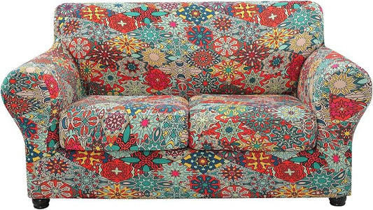 hyha Stretch Couch Cover, Sofa Covers for 2 Separate Cushion Couch Washable | Loveseat Cover, Floral Pattern, Printed, 3 Pieces, 2 Seater Furniture Protector with Elastic Bottom for Dogs, Pet Friendly by hyha