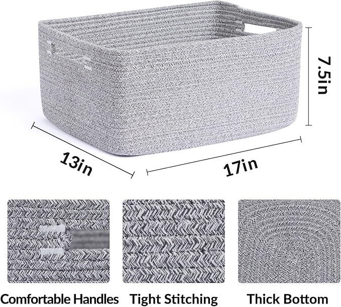 MiniArk Large Storage Baskets for Organizing, 17 x 13 x 7.5” Closet Shelf Baskets for Clothes Blanket Towels, Baby Nursery, Toy Bins Box, Woven Rope Baskets, 4 Packs Mixed Grey - Image 2