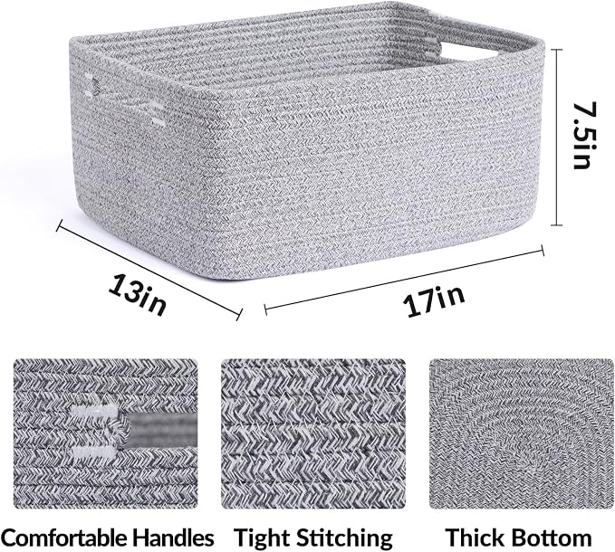 MiniArk Large Storage Baskets for Organizing, 17 x 13 x 7.5” Closet Shelf Baskets for Clothes Blanket Towels, Baby Nursery, Toy Bins Box, Woven Rope Baskets, 4 Packs Mixed Grey - Image 2