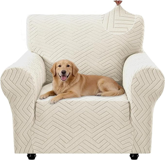 Stretch Sofa Cover Non-Slip Washable Furniture Protector | Stretch, 31"-46".Soft, Non Skid Foam, Elastic Bottom, Machine Washable, for Kids & Pets, Couch & Sofa, Beige White by YSTELLAA