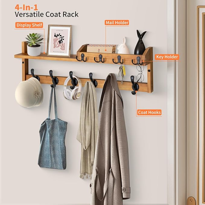 Coat Rack Wall Mount with Shelf, 27.5" Entryway Wall Hanging Shelf, Coat and Key Hanger with 10 Dual Hooks, Mail Organizer and Key Holder Hat Rack for Wall, Wood Coat Hooks with Storage - Image 8