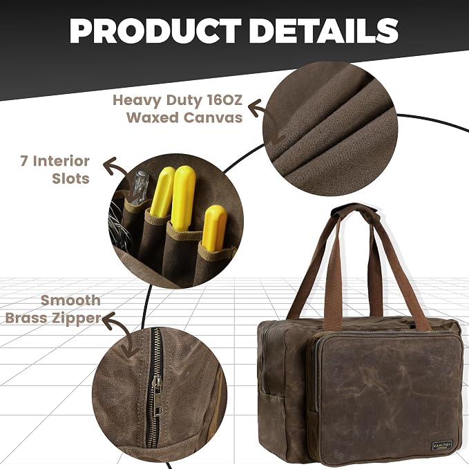Kaaltisy 16oz Waxed Canvas Tool Bag – Robust Zipper Garden Tools Tote with 3 Compartments & Padded Handle (Grey) – Tool Organizer for Gardening Wire Cutters Goggles - Image 3