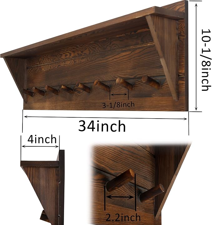 WEBI Coat Rack Wall Mount with Shelf,8 Peg Hooks,34" Long Rustic Entryway Wall Shelf with Hooks Underneath for Hanging Coats,Clothes,Bathroom,Rustic Brown - Image 2