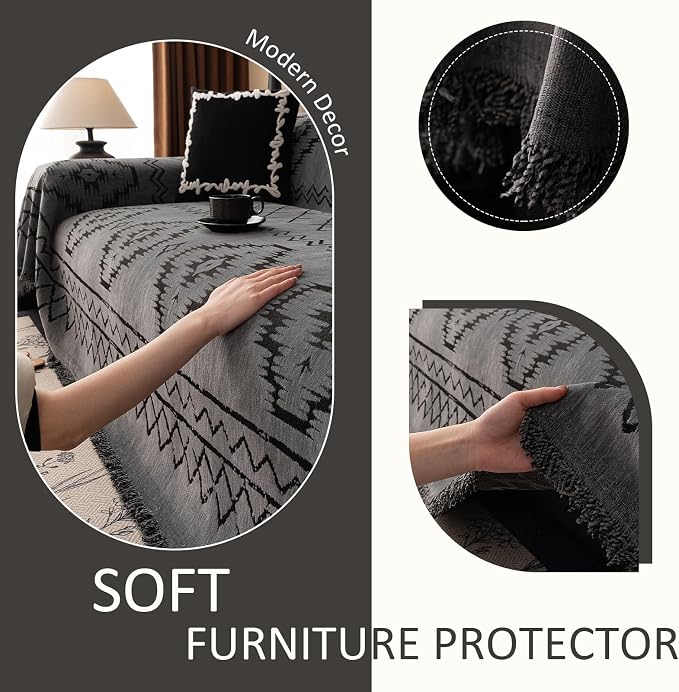 VClife Couch Cover Sofa Cover Washable Sofa Protector, Non Slip Couch Covers for 3 Cushion Couch Sofa Modern Tribal Pattern Sofa Slipcover Dog Furniture Protector, Soft Chenille, Dark Gray, 71"X134" - Image 6