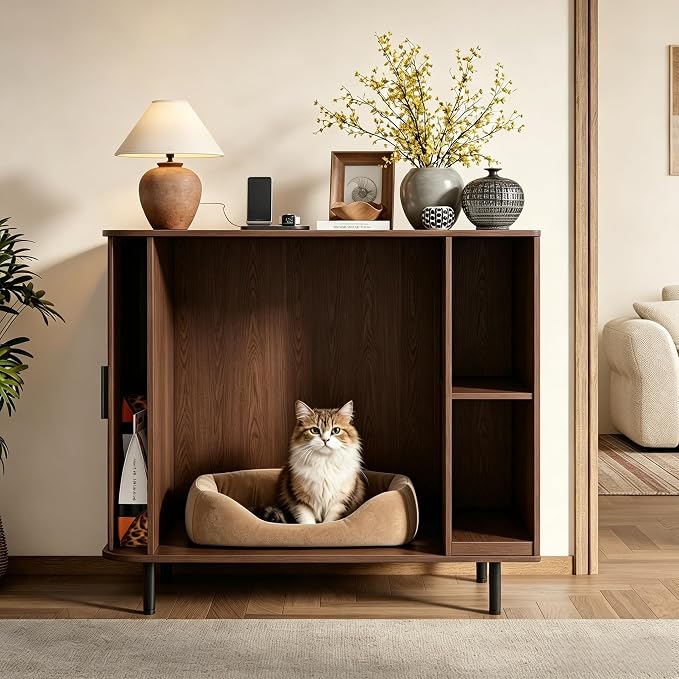 Large Cat Litter Box Enclosure with Scratch Pad, 42.6'' Hidden Litter Box Furniture for Automatic self-Cleaning Litter Boxes, Sliding Door, Adjustable Shelf for Dog Proof, Charging Station, Walnut - Image 9