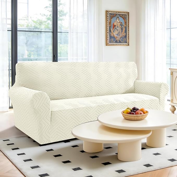Stretch Sofa Cover Non-Slip Washable Furniture Protector | Stretch, 71"-91".Soft, Non Skid Foam, Elastic Bottom, Machine Washable, for Kids & Pets, Couch & Sofa, Beige Yellow - Image 2