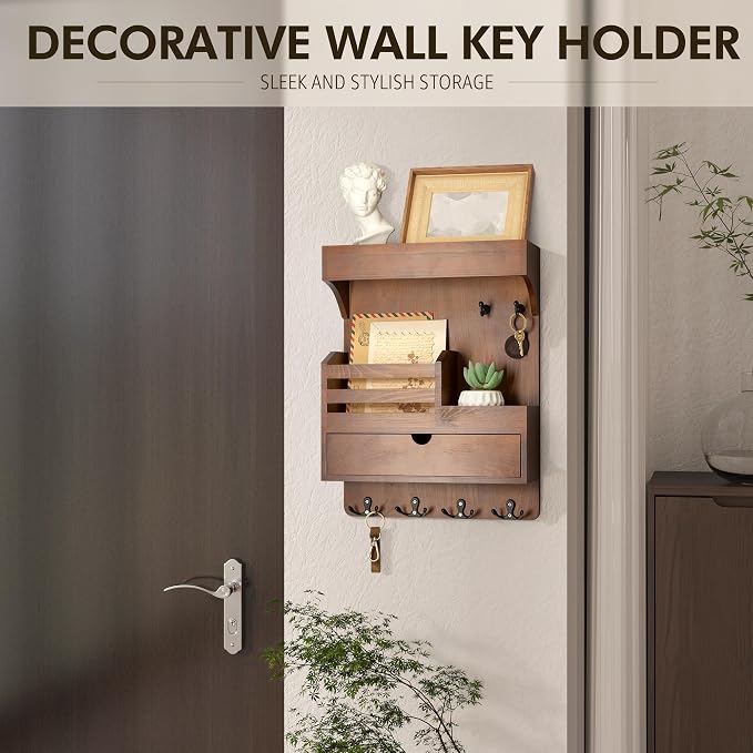 Rebee Vision Key Holder Wall Mount with Drawer Organizer for Entryway,Brown | Pine Wood, 6 Key Hooks, Display Shelf for Plants, Mail Slot for Storage Letter, Multi-Funtional Design, Home Storage - Image 3