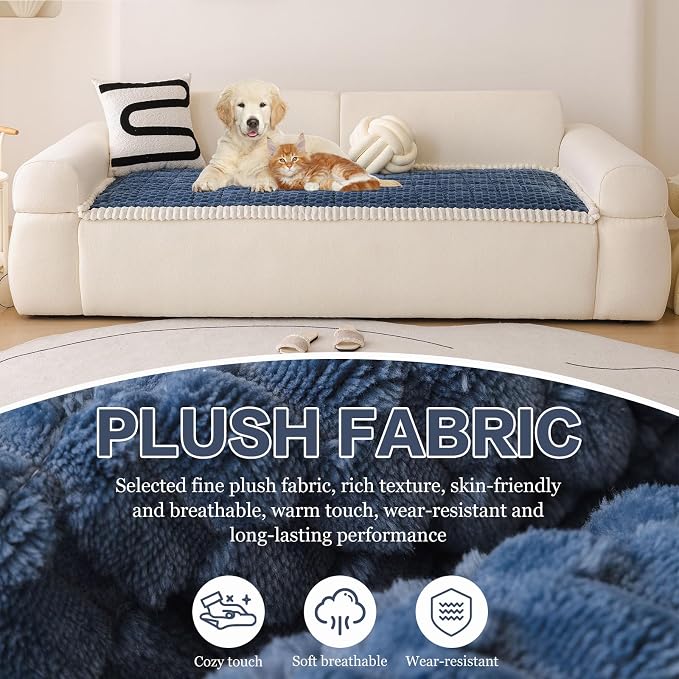 DREAMINGO Pet Couch Covers for Sofa Non Slip Fuzzy Dog Sofa Covers Washable Geometric Jacquard Couch Cushion Protector Blue Pet Bed Mat 27.6x59.1 Inch - Image 2