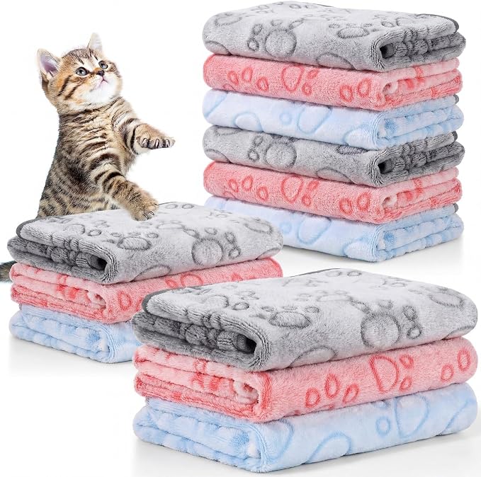 Tegeme 12 Pcs Pet Blankets 30 x 20 Inch Soft Fluffy Fleece Dog Cat Warm Paw Print Pattern Blankets Flannel Throw for Pets Dog Puppy Cat(Pink,Gray,Blue) by Tegeme