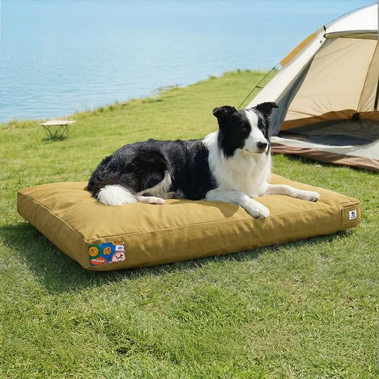 Sytopia 36 Inch Canvas Outdoor Dog Bed for Large Dogs, Durable Dog Bed with Waterproof Machine Washable Removable Cover, Indoor Patio Pet Pad for Crate, Green, Yellow by Sytopia