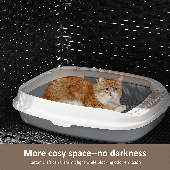 Cat Litter Box Enclosure with Door, Hidden Cat Washroom Furniture | Handwoven PP Wicker; Soft Litter Mat Included; Spacious Interior; Furniture-Style Design; Indoor Home Décor - Image 5