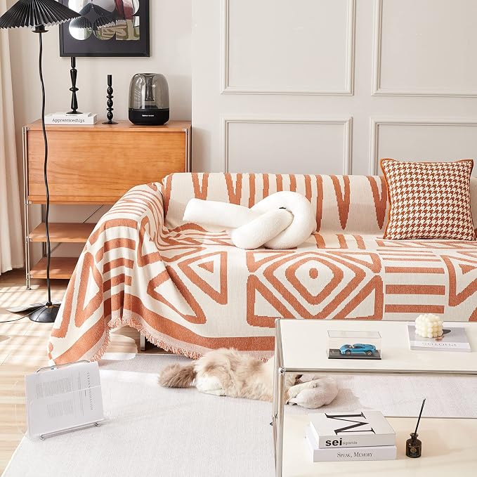 VClife Boho Sofa Cover, Caramel White Triangle Plaid Geometric Pattern Sofa Slipcover, Pet Couch Cover with Tassel for 2 Cushion Couch, Thick Soft Loveseat Cover, 71"X118" - Image 6