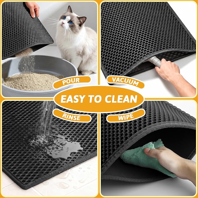 Pieviev Cat Litter Mat Double Layer Waterproof Urine Proof Trapping Mat 1 Pack (Black, 24x15 Inch (Pack of 1)) | Honeycomb Design Catches Scattered Particles to Stop Tracking, Urineproof Base Protects Floors, Easy to Clean - Image 6