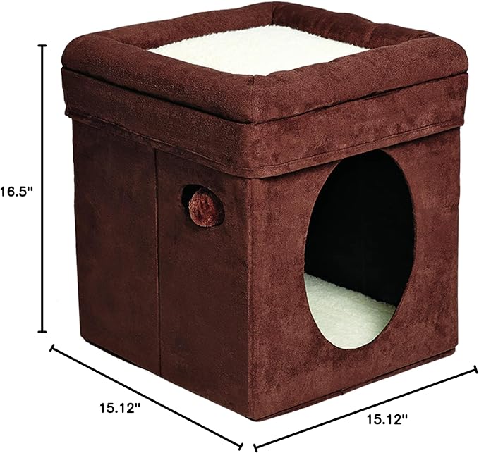 MidWest Homes for Pets Feline Nuvo Curious Cat Cube, Foldable Pet Hideout with Toy, Bolstered Bed Top, Faux Brown Suede, Synthetic Sheepskin - Image 8
